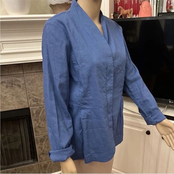 Eileen Fisher NWT Stand Collar Zip Front Organic Linen Blend Jacket Blue Large - Picture 12 of 16